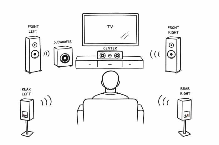 5.1-Setup mit Front-, Center- und Rear-Speaker und einem Subwoofer