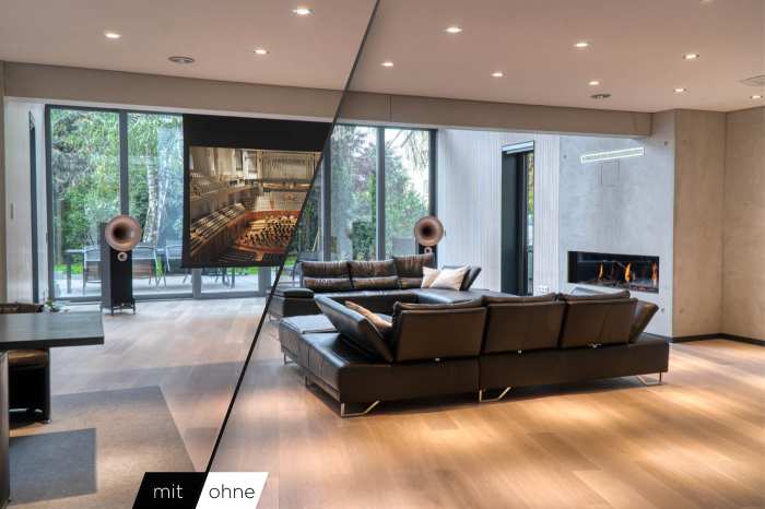 Wohnzimmer mit und ohne Leinwand