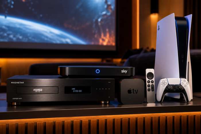 KI-generierte Illustration: Die wichtigsten Quellen des Heimkinos &ndash; Magnetar UDP800 MKII, Sky Q, Apple TV 4K und PlayStation 5.